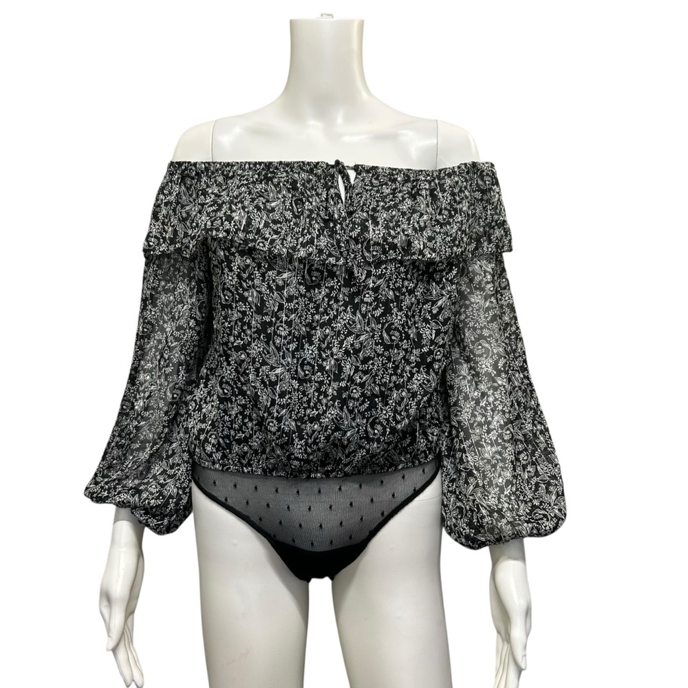 Abercrombie & Fitch Off Shoulder Milkmaid Bodysuit Top Black White Floral Size S